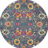 4' Blue And Orange Floral Distressed Round Rug