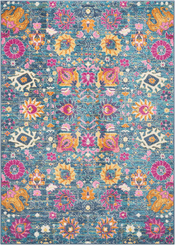 5' X 7' Blue And Orange Floral Distressed Area Rug