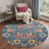 5' Blue And Orange Floral Distressed Round Rug