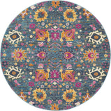 5' Blue And Orange Floral Distressed Round Rug