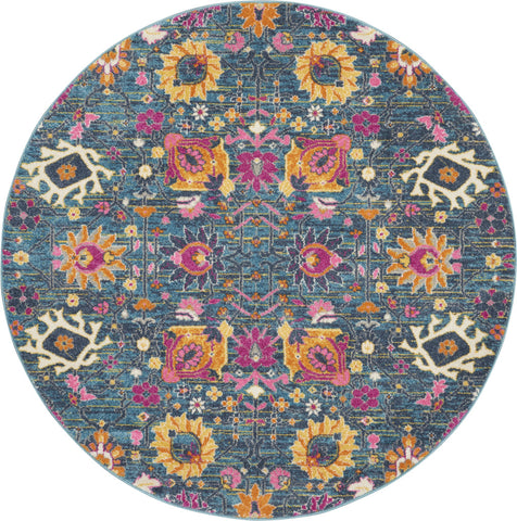 5' Blue And Orange Floral Distressed Round Rug