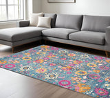 7' X 10' Blue And Orange Floral Distressed Area Rug