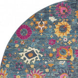 8' Blue And Orange Floral Distressed Round Rug