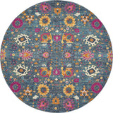 8' Blue And Orange Floral Distressed Round Rug