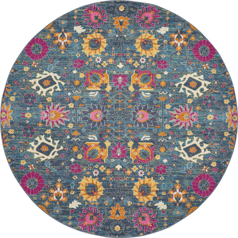 8' Blue And Orange Floral Distressed Round Rug