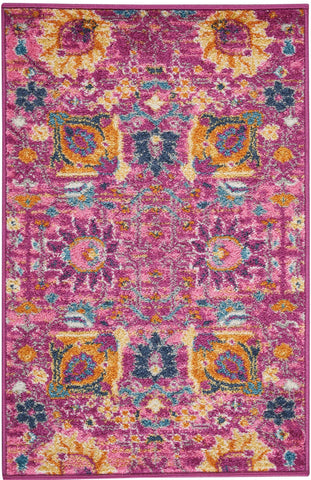 2' X 3' Fuchsia And Orange Floral Distressed Area Rug