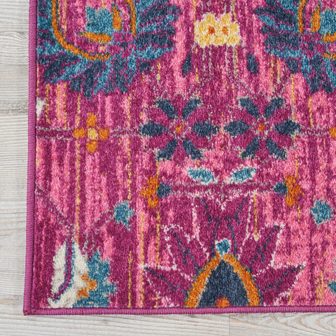 8' Fuchsia And Orange Floral Distressed Runner Rug