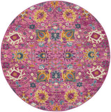 5' Fuchsia And Orange Floral Distressed Round Rug