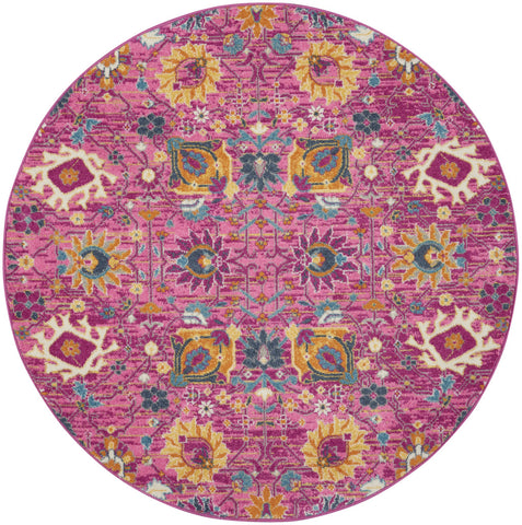 5' Fuchsia And Orange Floral Distressed Round Rug