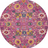 5' Fuchsia And Orange Floral Distressed Round Rug