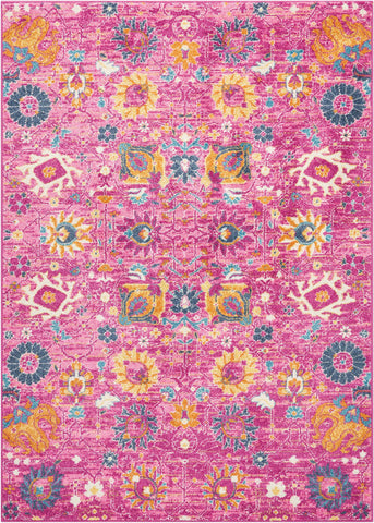 7' X 10' Fuchsia And Orange Floral Distressed Area Rug