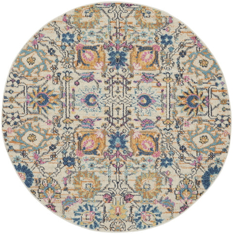 4' Ivory And Blue Floral Round Rug