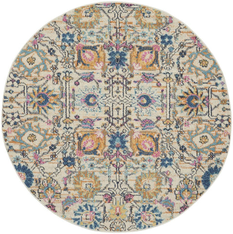 4' Ivory And Blue Floral Round Rug