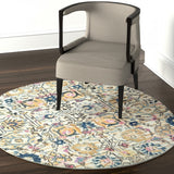 4' Ivory And Blue Floral Round Rug