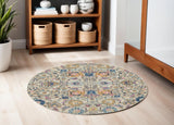 5' Ivory And Blue Floral Round Rug