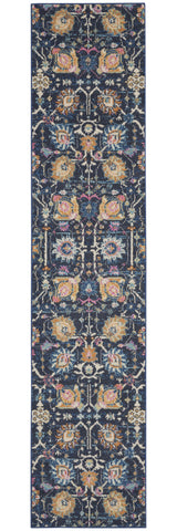 10' Navy Blue Yellow And Pink Floral Runner Rug