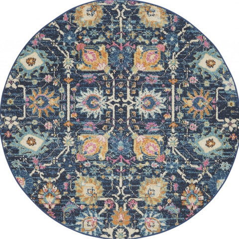 4' Navy Blue Yellow And Pink Floral Round Rug