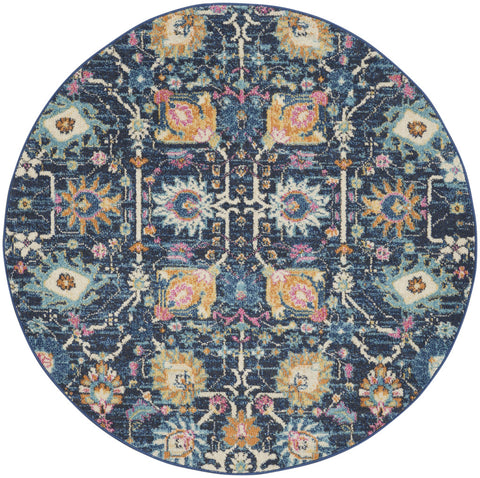4' Navy Blue Yellow And Pink Floral Round Rug