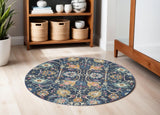 5' Navy Blue Yellow And Pink Floral Round Rug