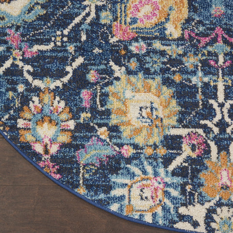 5' Navy Blue Yellow And Pink Floral Round Rug