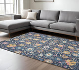 7' X 10' Navy Blue Yellow And Pink Floral Area Rug
