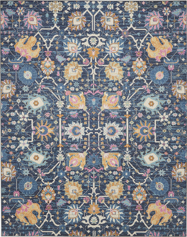 7' X 10' Navy Blue Yellow And Pink Floral Area Rug