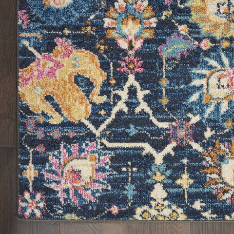 7' X 10' Navy Blue Yellow And Pink Floral Area Rug