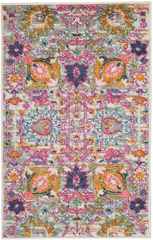 2' X 3' Silver Gray And Pink Floral Distressed Area Rug