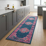 8' Blue And Pink Medallion Distressed Runner Rug