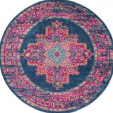 4' Blue And Pink Medallion Distressed Round Rug