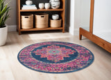 5' Blue And Pink Medallion Distressed Round Rug