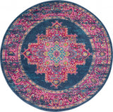 5' Blue And Pink Medallion Distressed Round Rug