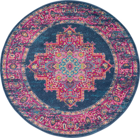 5' Blue And Pink Medallion Distressed Round Rug