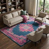 7' X 10' Blue And Pink Medallion Distressed Area Rug