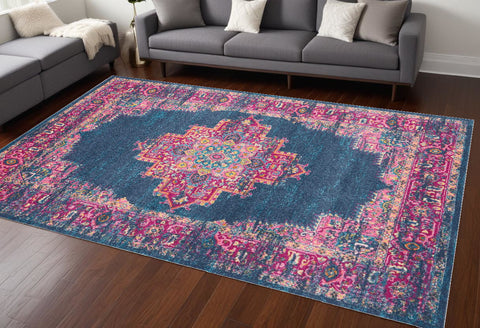 7' X 10' Blue And Pink Medallion Distressed Area Rug