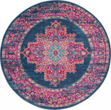 8' Blue And Pink Medallion Distressed Round Rug