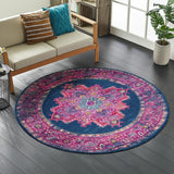 8' Blue And Pink Medallion Distressed Round Rug