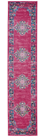 10' Fuchsia And Blue Oriental Distressed Runner Rug