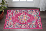 2' X 3' Fuchsia And Blue Oriental Distressed Area Rug