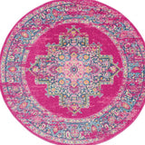 4' Fuchsia And Blue Oriental Distressed Round Rug