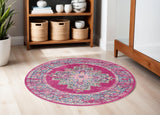 5' Fuchsia And Blue Oriental Distressed Round Rug