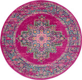 5' Fuchsia And Blue Oriental Distressed Round Rug