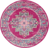 5' Fuchsia And Blue Oriental Distressed Round Rug
