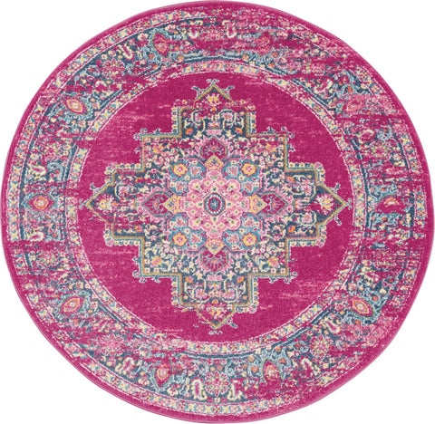 5' Fuchsia And Blue Oriental Distressed Round Rug