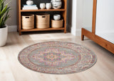 5' Gray And Gold Medallion Distressed Round Rug