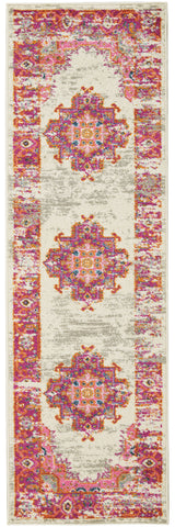 6' Ivory And Fuchsia Oriental Distressed Runner Rug