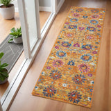 6' Blue And Orange Floral Distressed Runner Rug