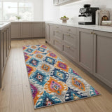 8' Ivory And Blue Ogee Distressed Runner Rug
