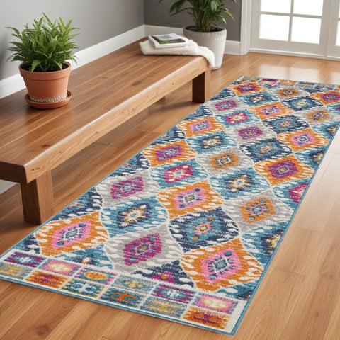 8' Ivory And Blue Ogee Distressed Runner Rug