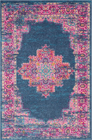 4' X 6' Blue And Pink Medallion Distressed Area Rug